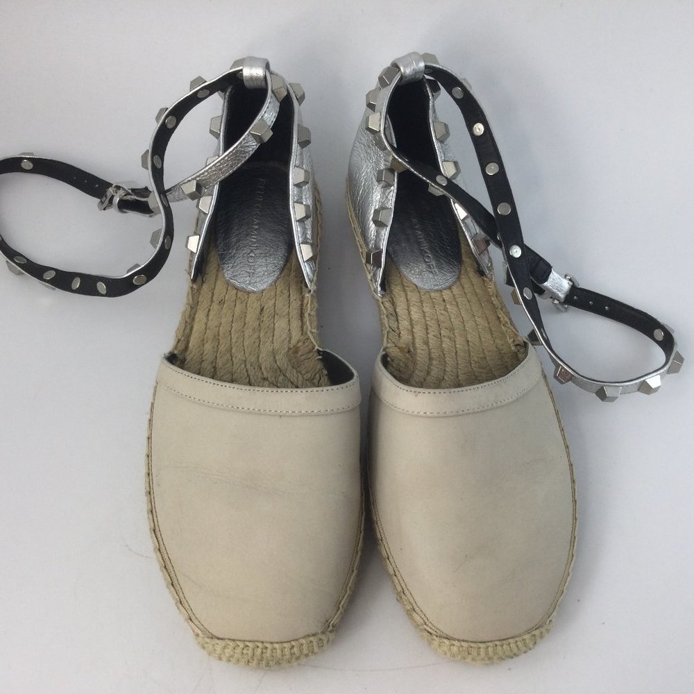 Rebecca Minkoff Shoes Espadrille Flats Ankle Strap 6 1/2 Silver Tan Studded